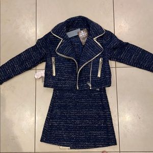 Imoga tweed jacket with gold trim & tweed skirt